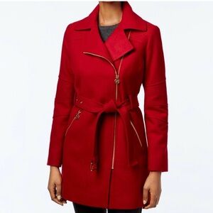 Michael Kors Red Belted Zip Wool Coat – Gold Hardware Small Designer Winter Coat